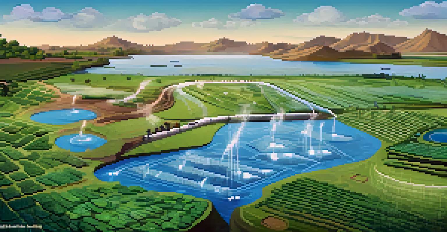 An infographic depicting the tokenization of water resources with digital tokens above a waterbody and farmers in the background.