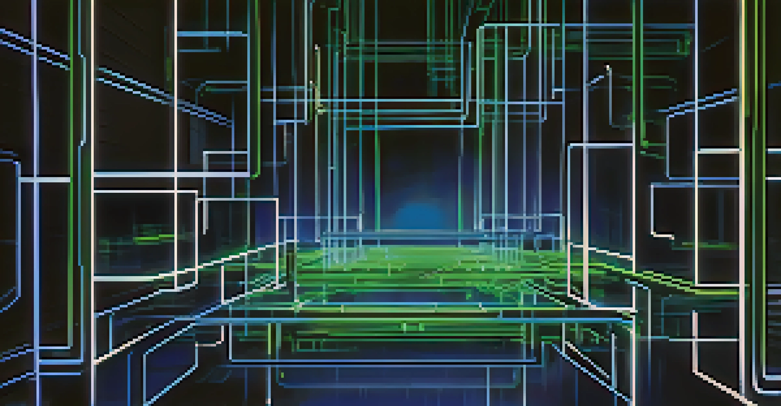 An abstract depiction of blockchain technology with interconnected blocks and glowing lines on a dark background.