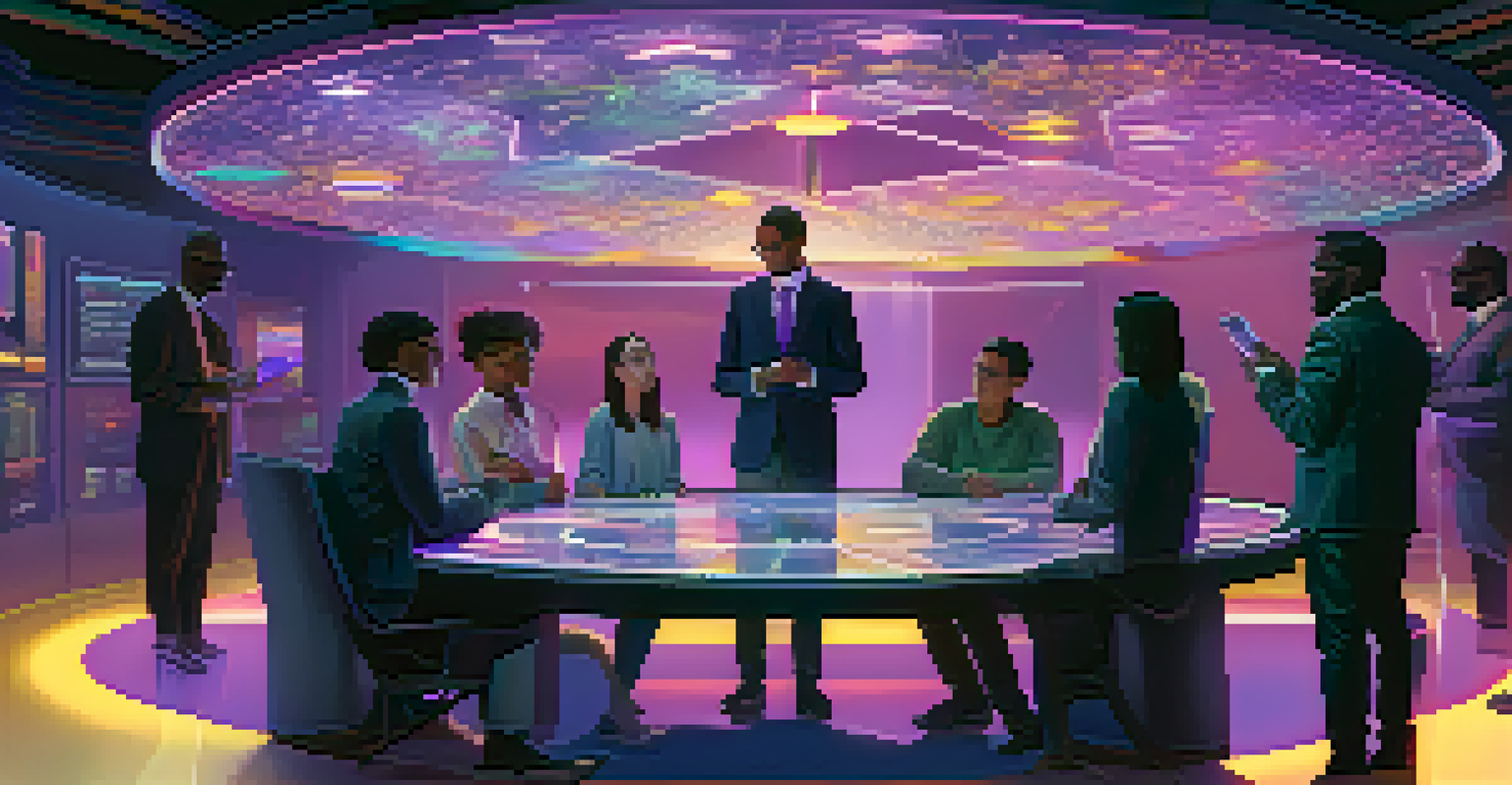 A diverse group of figures around a digital table with holographic proposals, symbolizing governance in decentralized platforms.