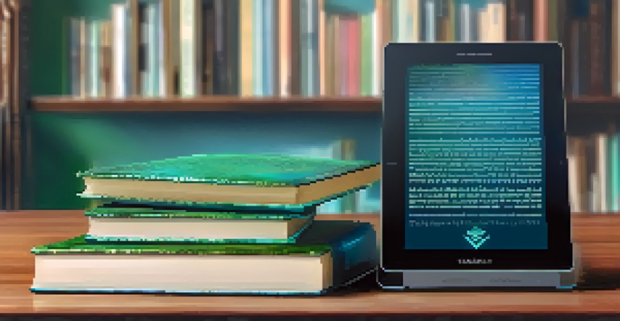 An illustration depicting the transformation of a physical book into a digital eBook on a tablet, with a gradient background.
