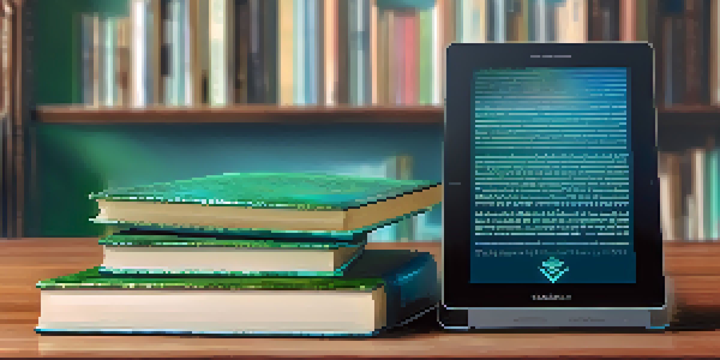 An illustration depicting the transformation of a physical book into a digital eBook on a tablet, with a gradient background.