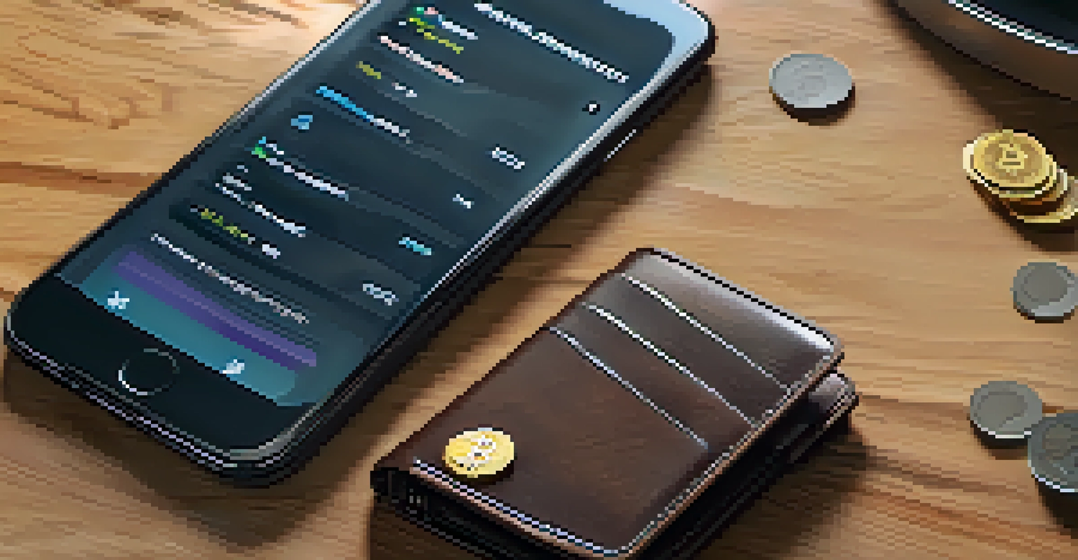A close-up of a modern cryptocurrency wallet and a smartphone displaying a DeFi app, with coins scattered on a wooden table.