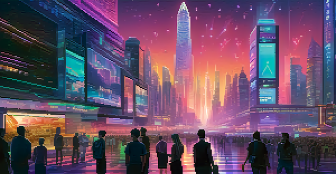 A futuristic city skyline at dusk with glowing skyscrapers, digital billboards, and diverse people interacting with holographic displays of their digital identities.
