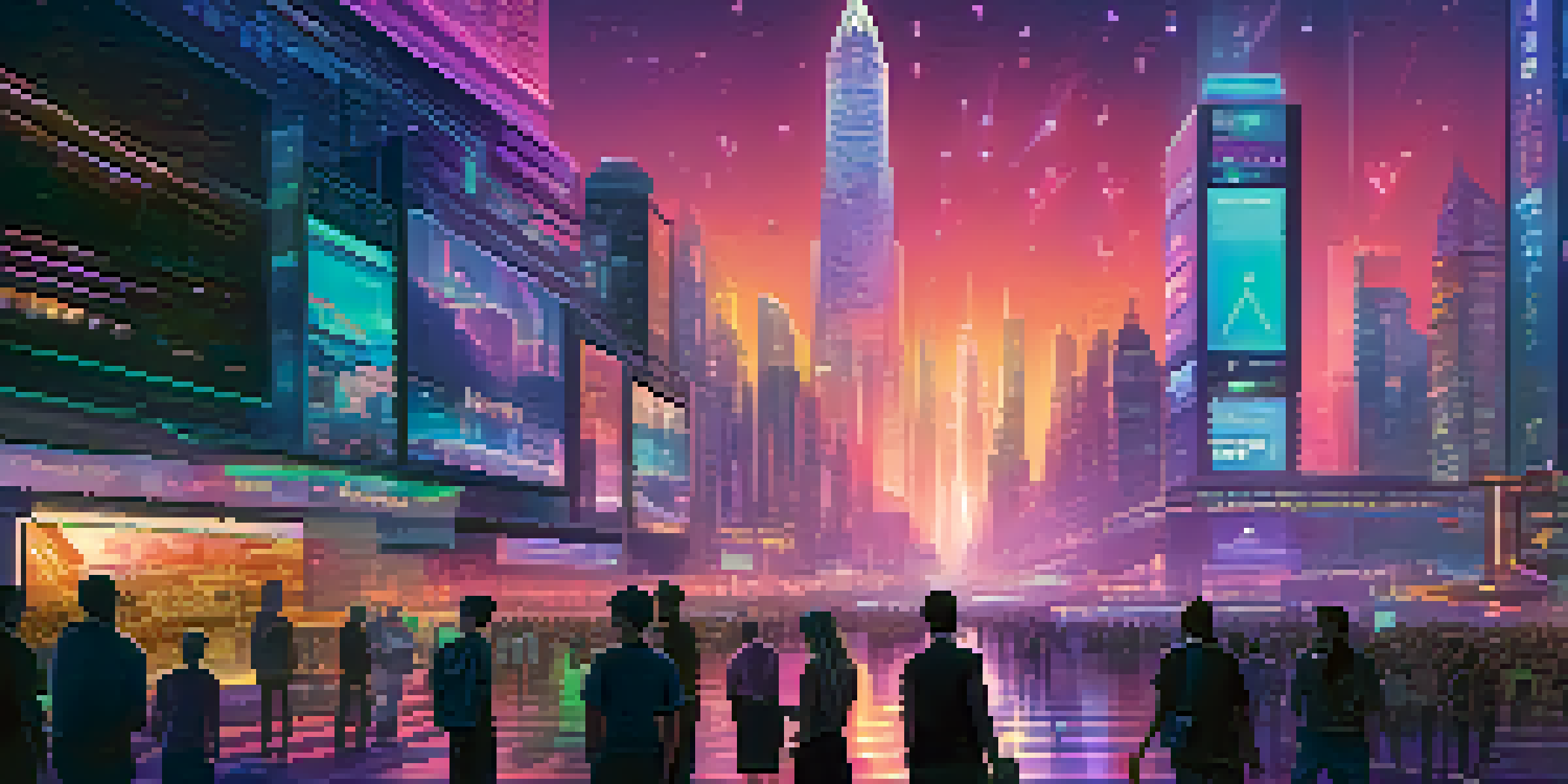 A futuristic city skyline at dusk with glowing skyscrapers, digital billboards, and diverse people interacting with holographic displays of their digital identities.