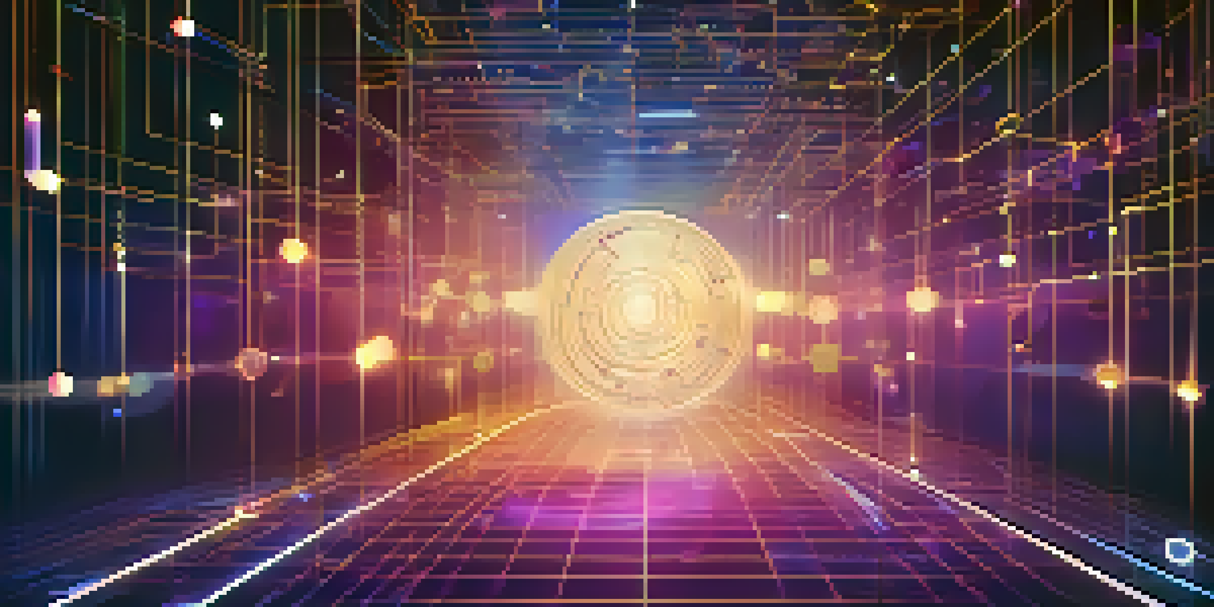 An abstract representation of a blockchain network symbolizing Decentralized Finance with glowing nodes and floating coins in a gradient background.