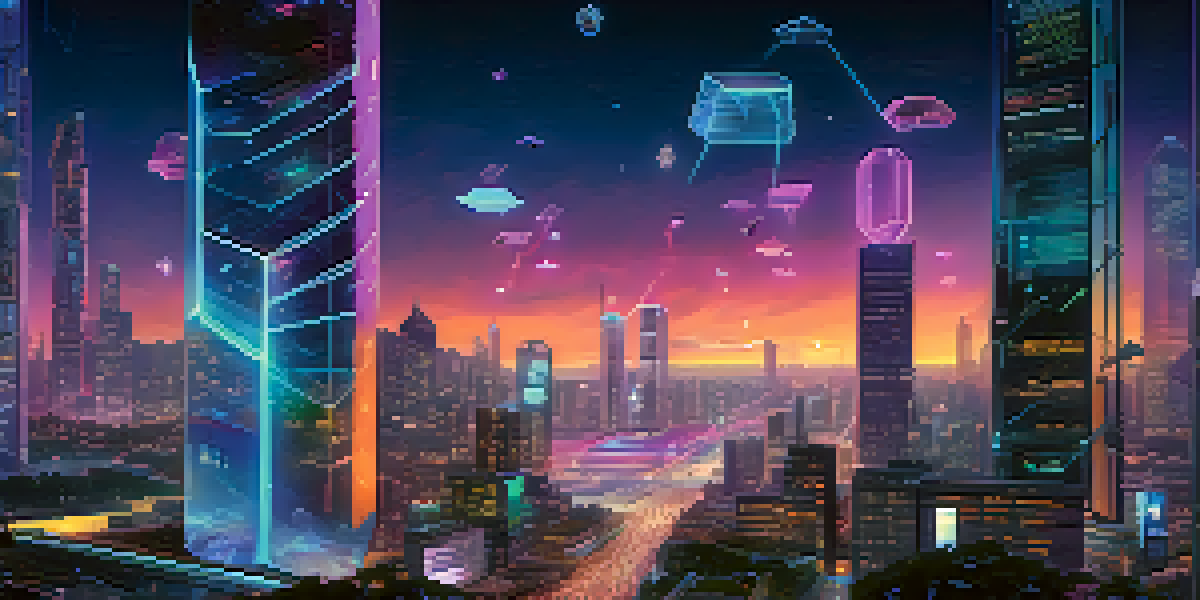 A vibrant futuristic city where people engage with digital technology and decentralized applications, with a glowing skyline at twilight.