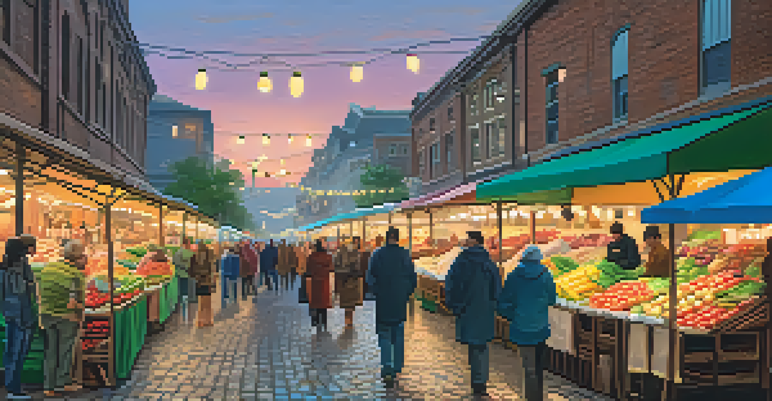 A vibrant city market at twilight, filled with colorful stalls and people, illuminated by string lights.