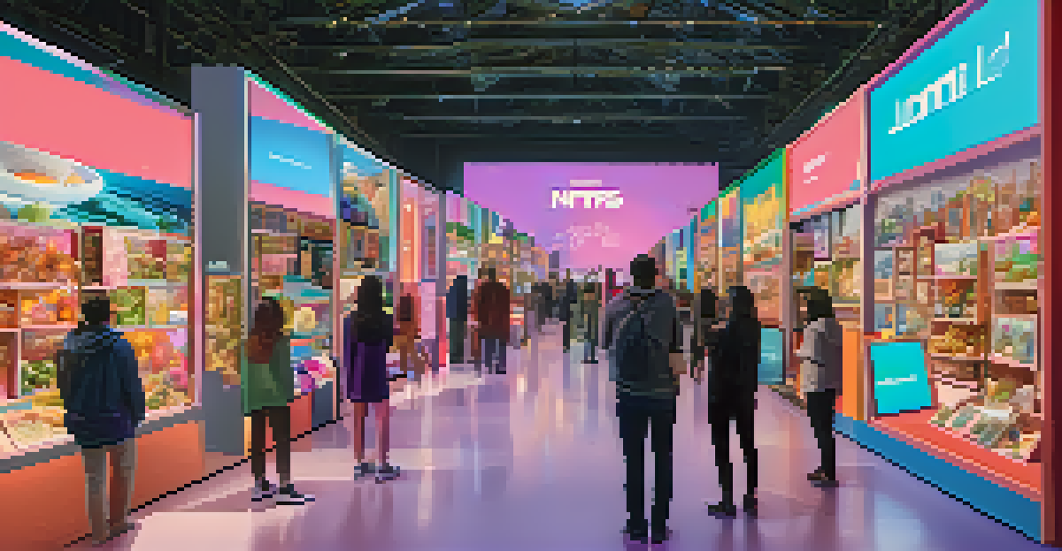 A lively virtual marketplace filled with colorful booths showcasing NFTs, with users exploring and interacting with digital artworks.
