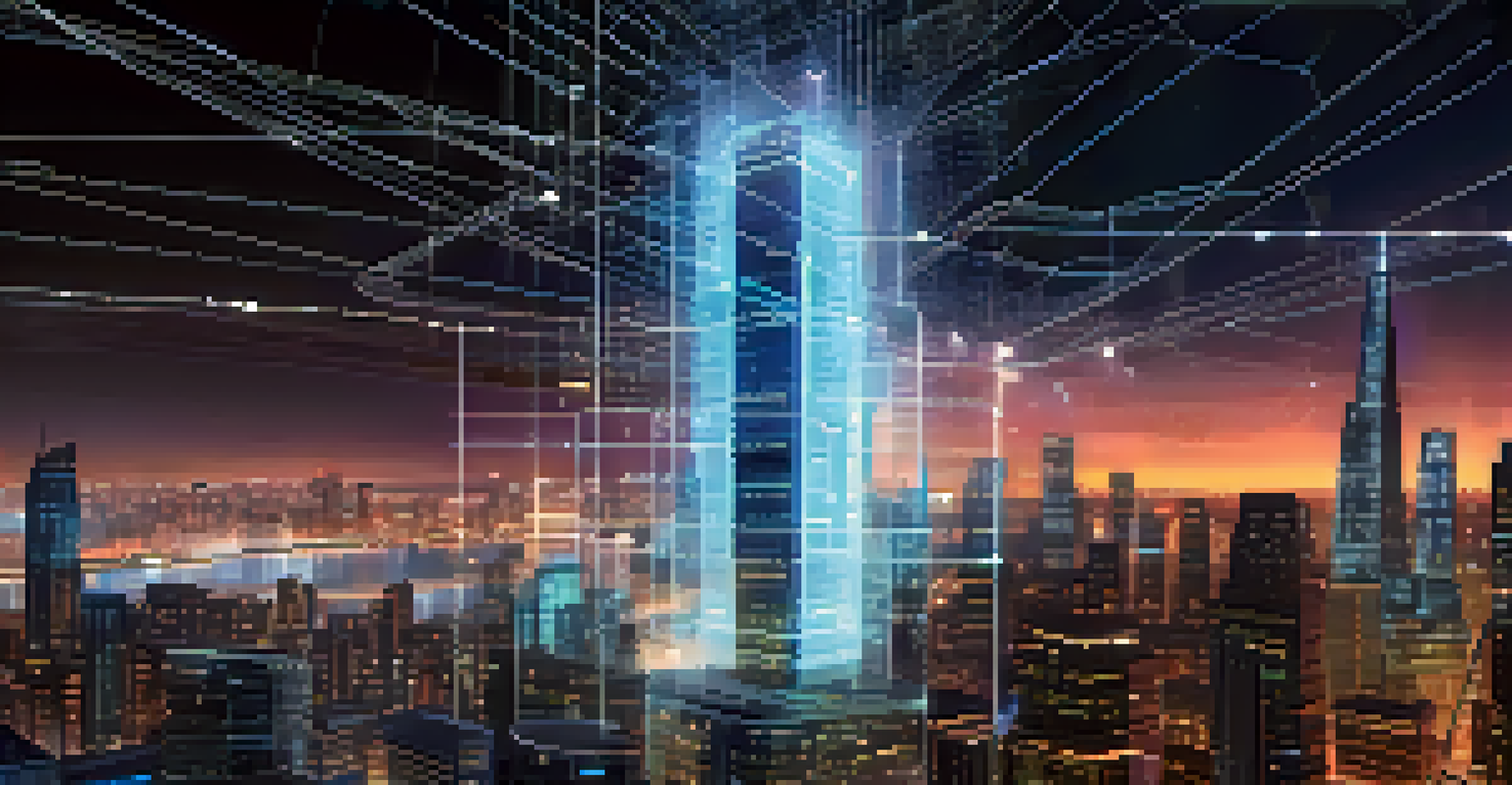 A digital representation of a smart contract on a blockchain, with a cityscape in the background.