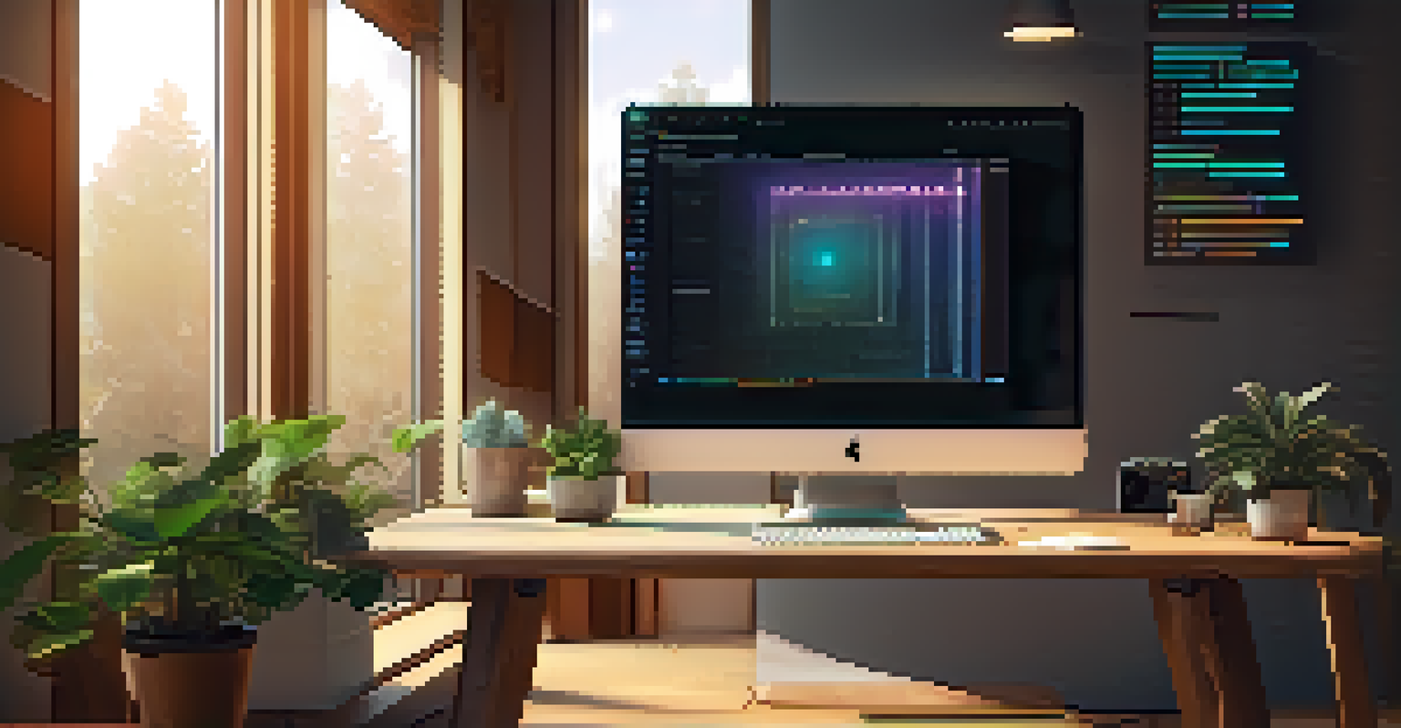 A cozy workspace with a computer showing smart contract code and physical art pieces representing NFTs, surrounded by warm lighting and plants.