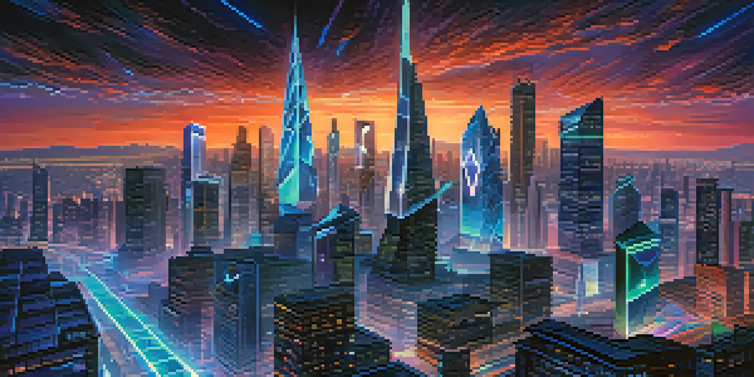 A colorful futuristic city with skyscrapers and neon lights, depicting a digital representation of blockchain transactions.
