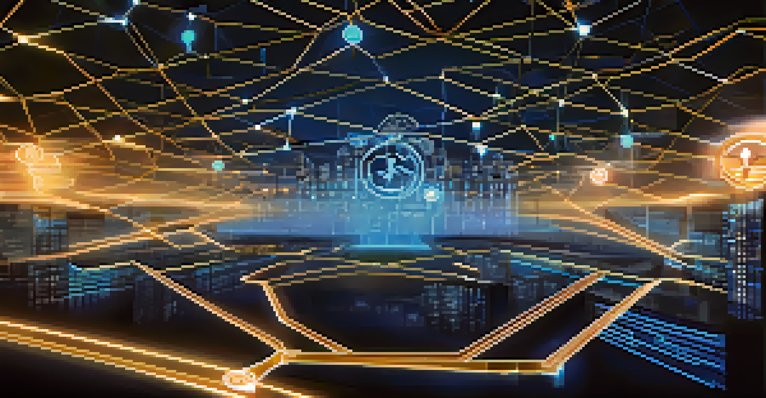 A visual representation of a decentralized finance platform with interconnected nodes representing governance tokens, set against a blue circuit-patterned background.