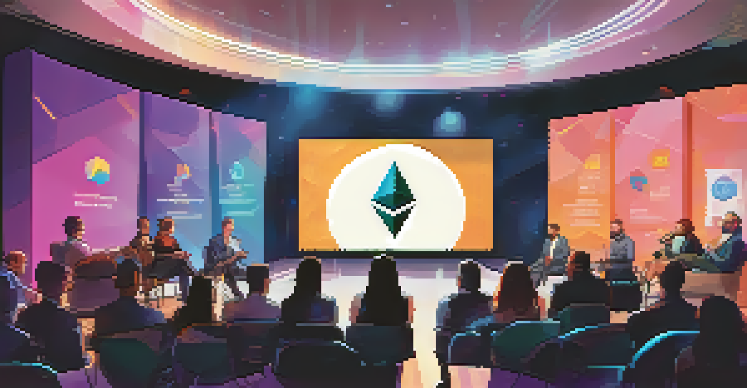 Industry experts discussing blockchain topics on stage at an Ethereum event, with an attentive audience in the foreground.