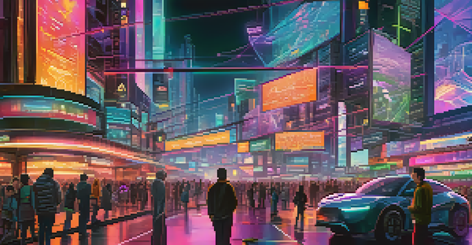 A colorful and futuristic city with neon lights and digital billboards, illustrating the concept of cross-chain technology in blockchain.