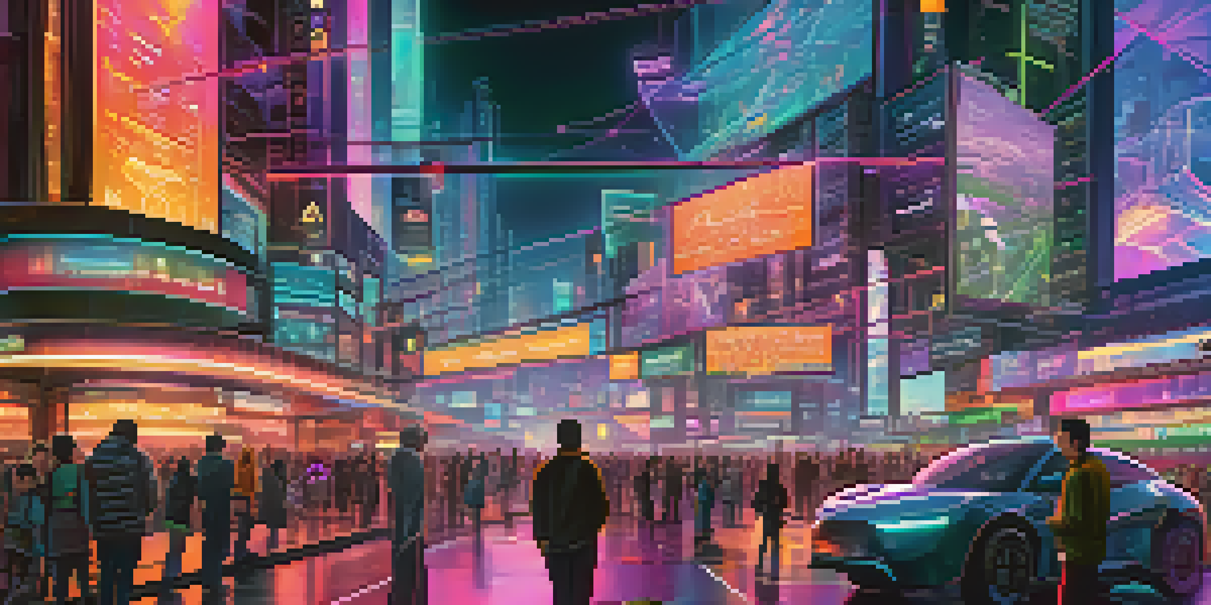 A colorful and futuristic city with neon lights and digital billboards, illustrating the concept of cross-chain technology in blockchain.