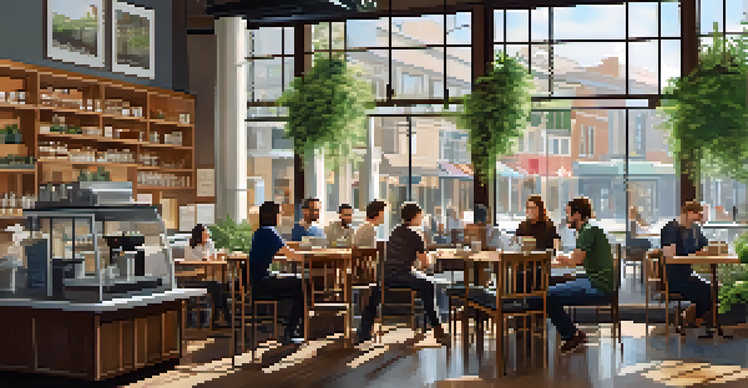 A modern coffee shop interior with natural light, wooden furniture, and customers enjoying coffee while working on laptops.