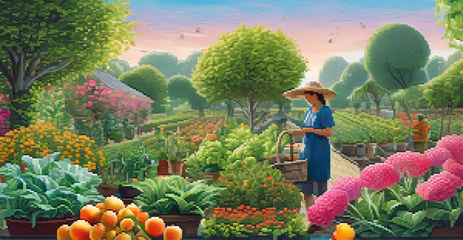 A flourishing garden with plants symbolizing digital assets, a person watering them and collecting rewards in a bright, colorful scene.