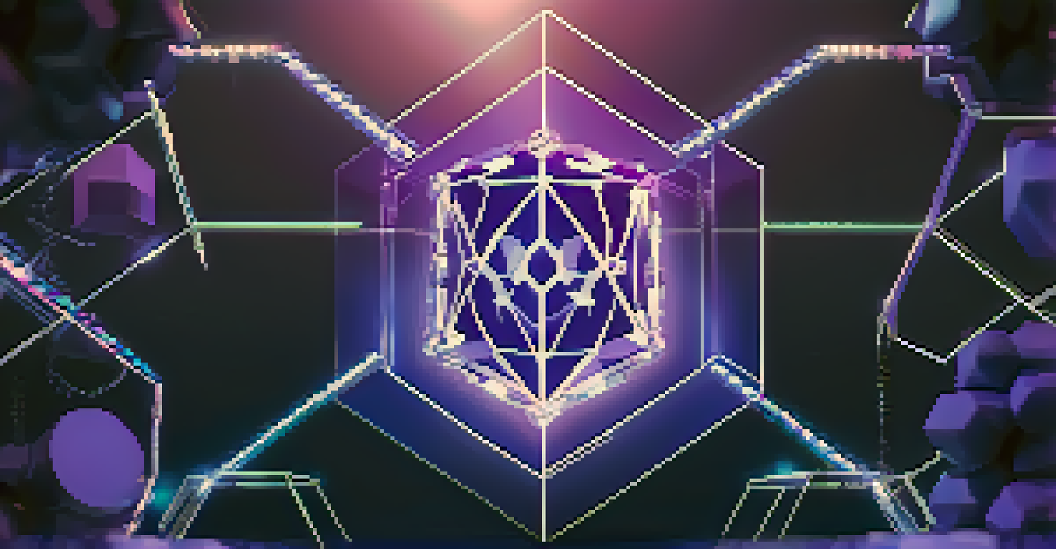 An abstract image of blockchain technology featuring a glowing Ethereum logo surrounded by digital chains on a dark blue and purple background.