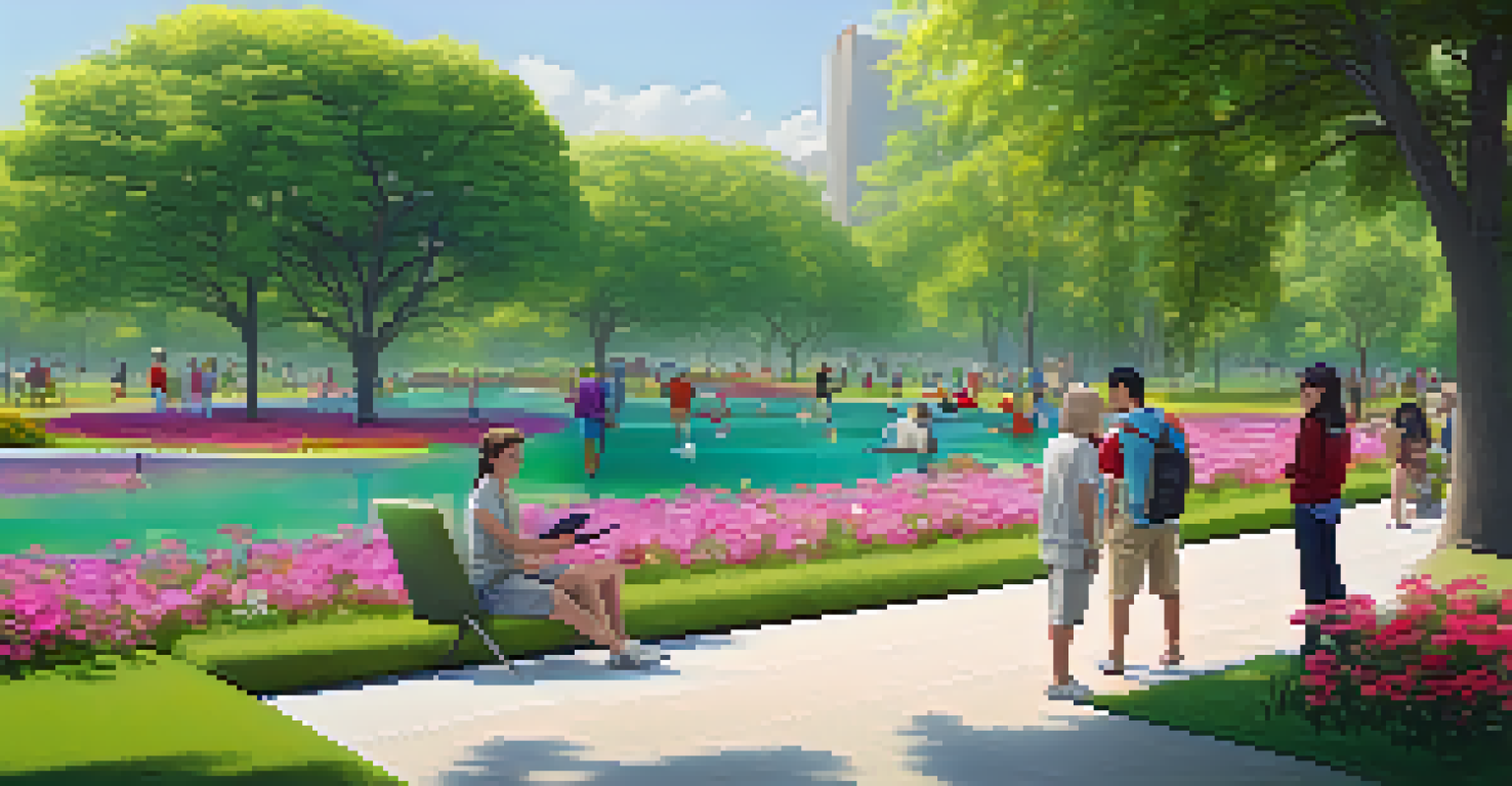 A digital park with a gallery in the background and avatars enjoying the space.