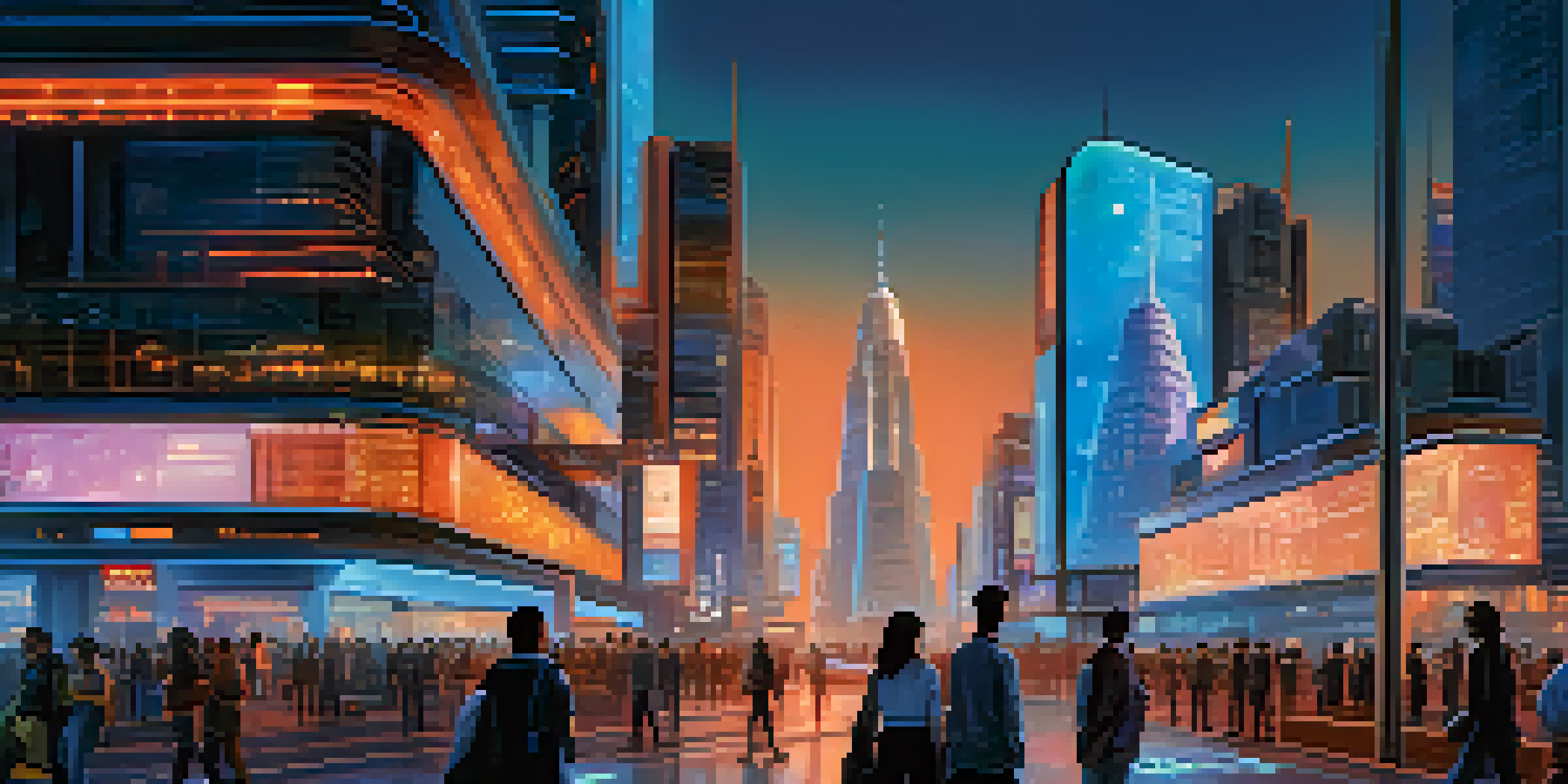 A vibrant city at dusk filled with neon lights and digital billboards, depicting an advanced technological environment.