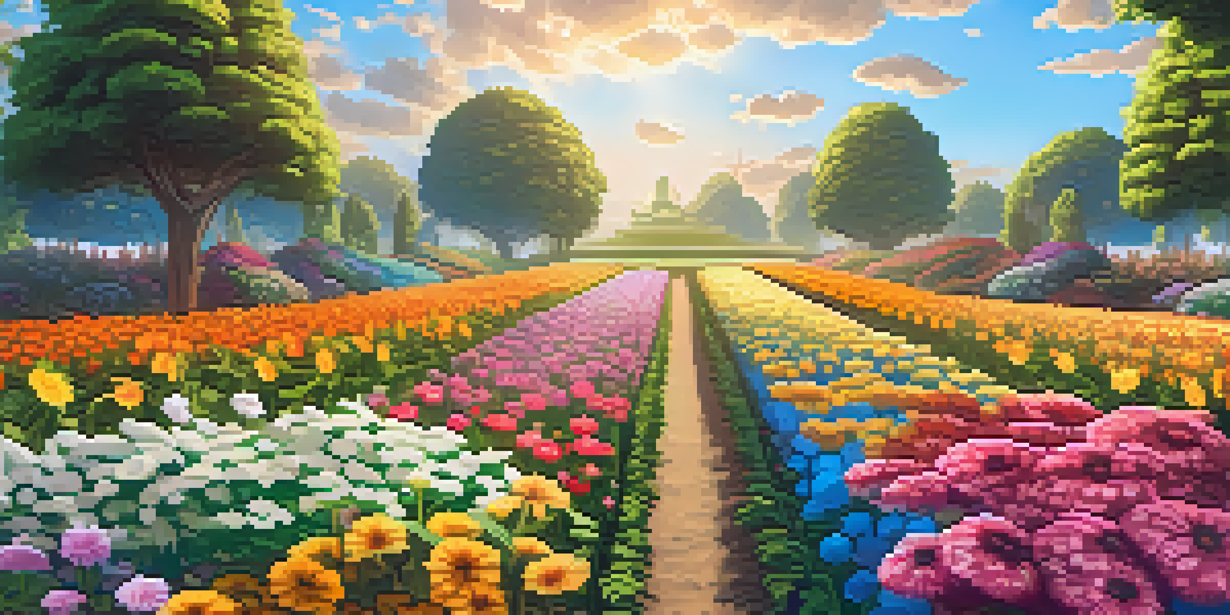 A digital garden filled with colorful plants and flowers representing different cryptocurrencies, under a warm golden light.