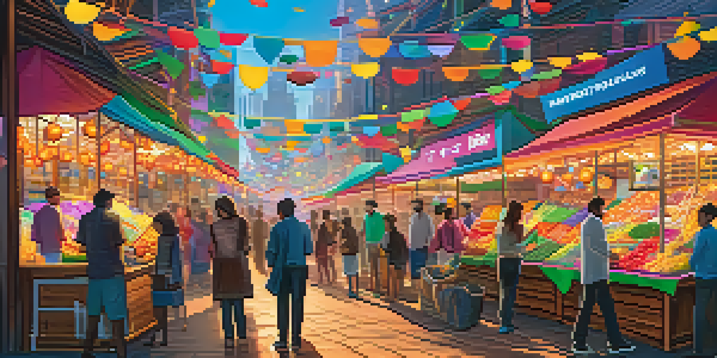 A colorful digital marketplace with various blockchain vendors exchanging assets, featuring stalls with unique blockchain logos and floating digital currency symbols.