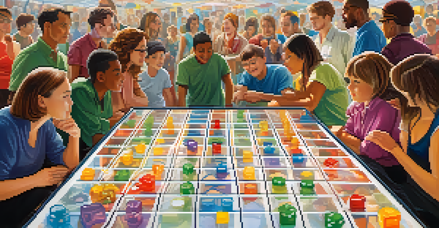 A transparent game board with visible rules and diverse players engaged in a strategic game.