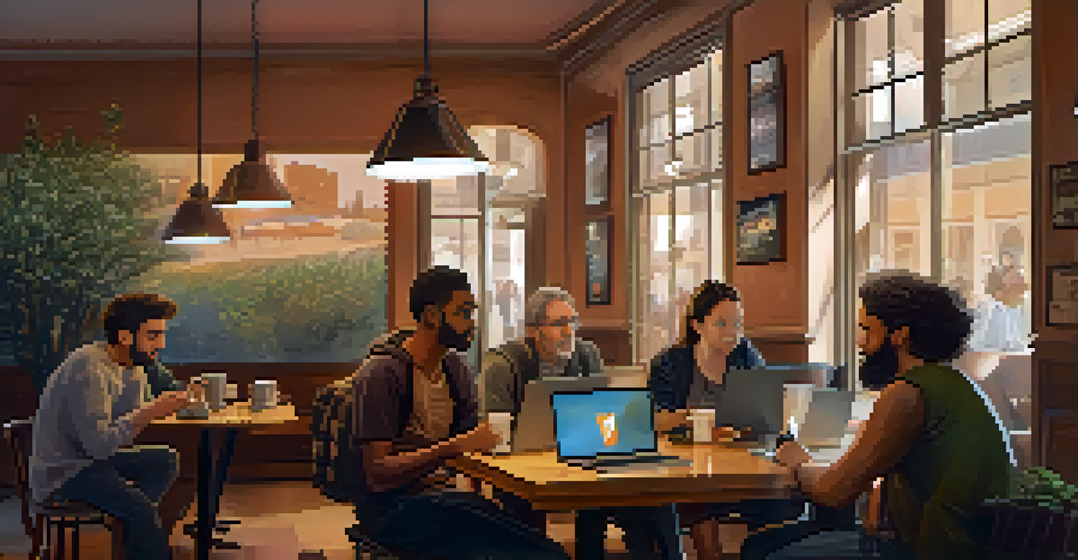 A small group of people discussing Ethereum in a cozy café, surrounded by warm lighting and local art.
