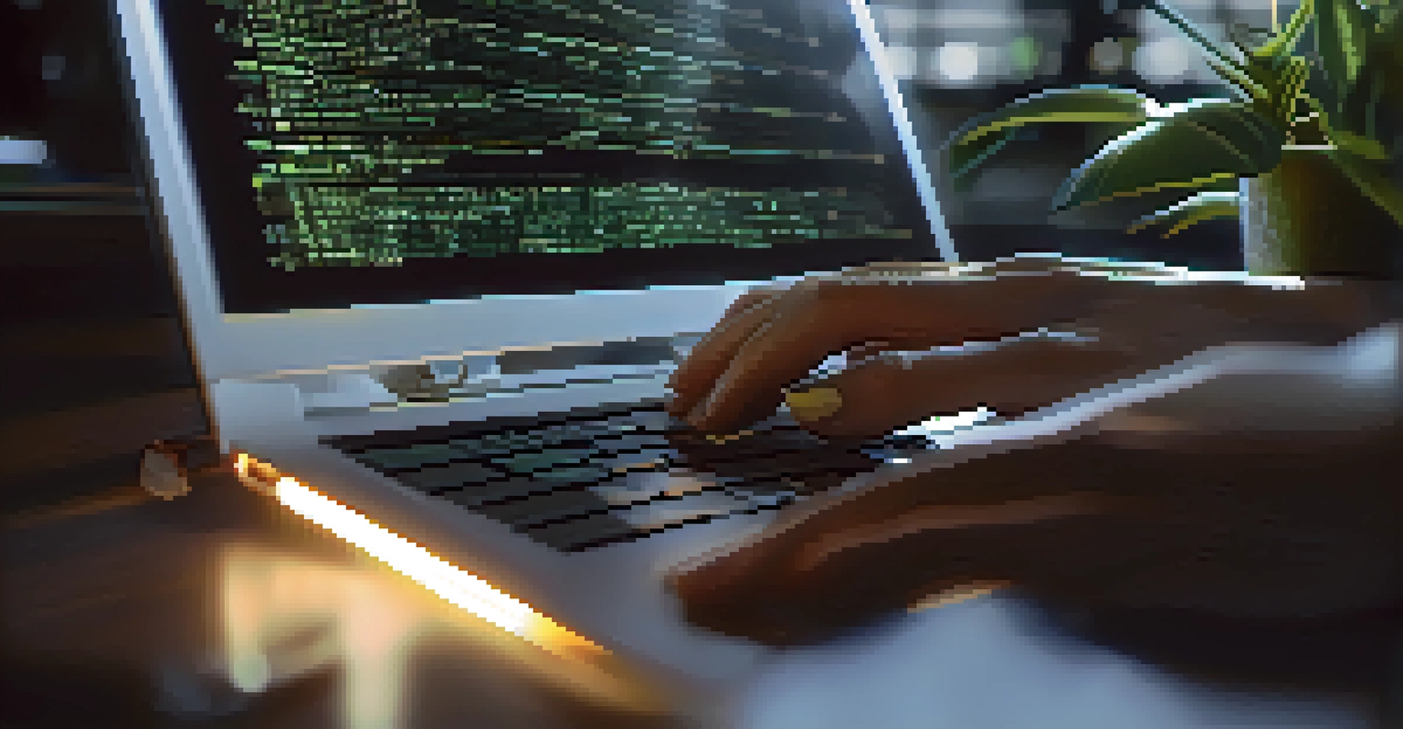 Close-up of a programmer's hands typing on a laptop with code on the screen, set in a modern workspace.