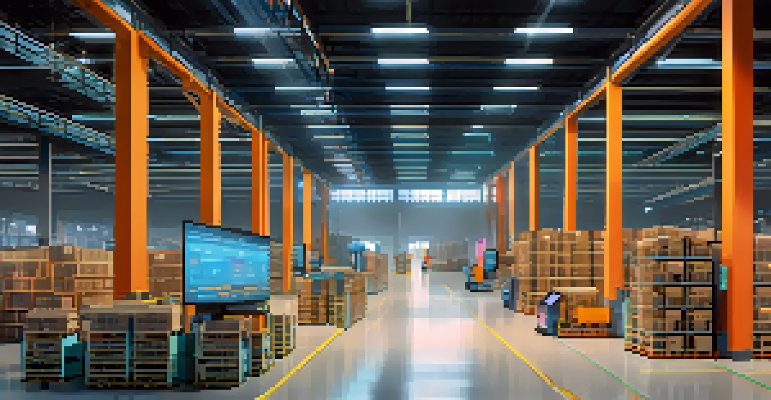 A busy warehouse with robots moving goods and screens showing smart contracts, illuminated in bright industrial lighting.