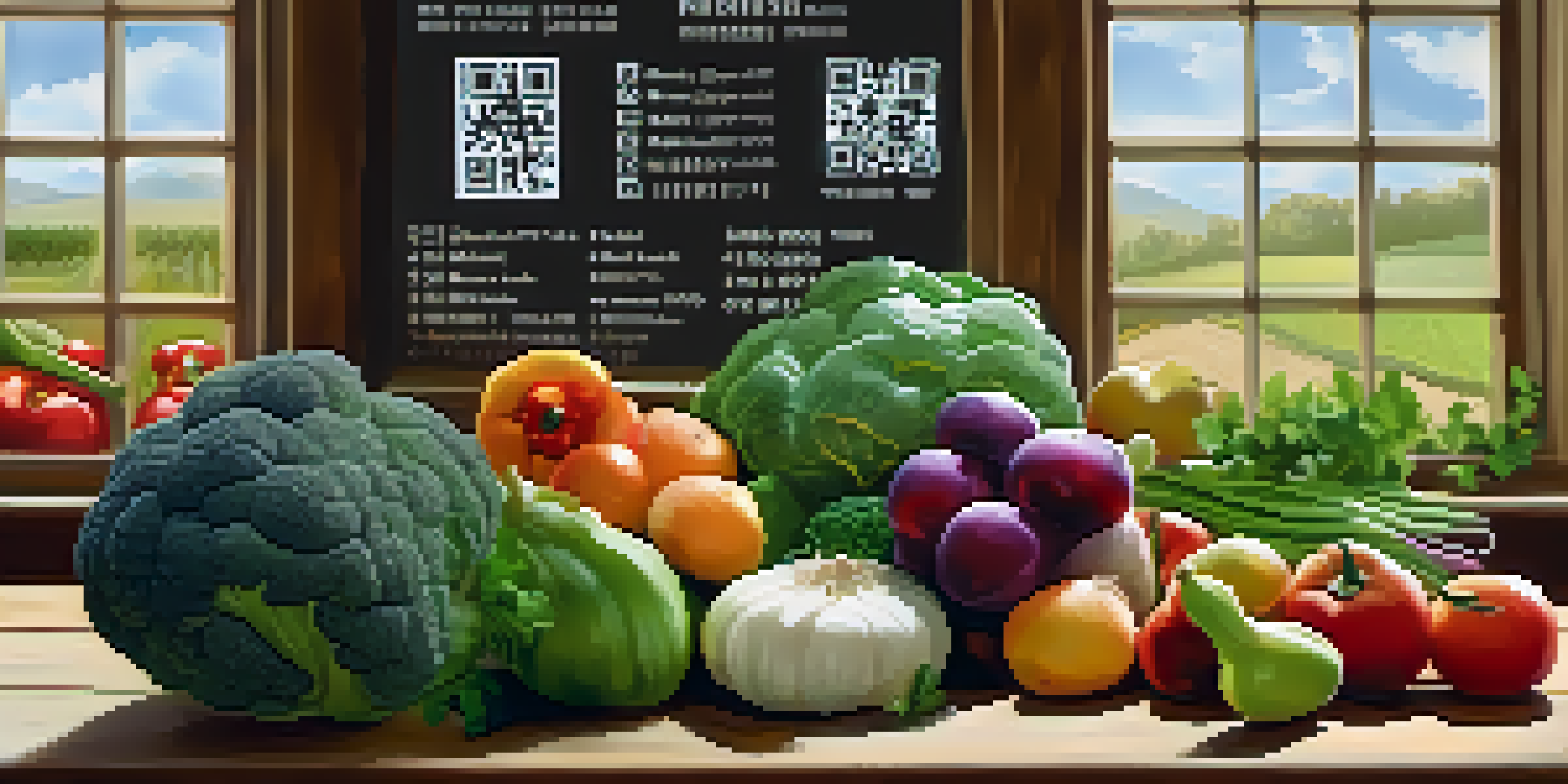 A close-up view of fresh vegetables and fruits on a wooden table, each with QR codes, representing food traceability and technology.