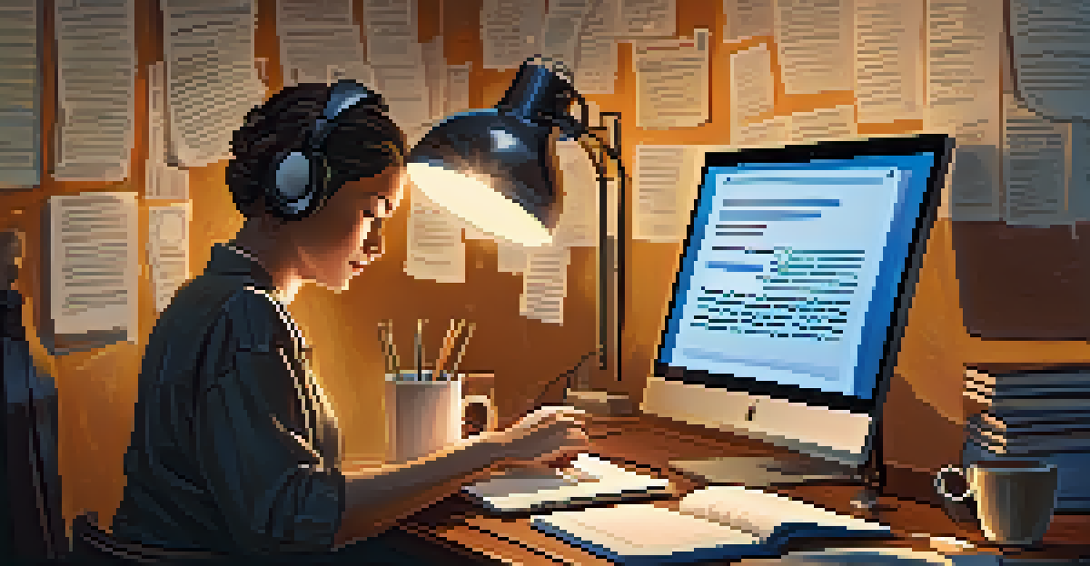 A person reviewing online ratings and notes at a cozy desk with warm lighting.