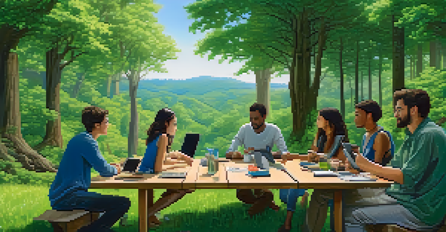A peaceful forest landscape with diverse individuals collaborating around a table, discussing ideas in a natural setting.