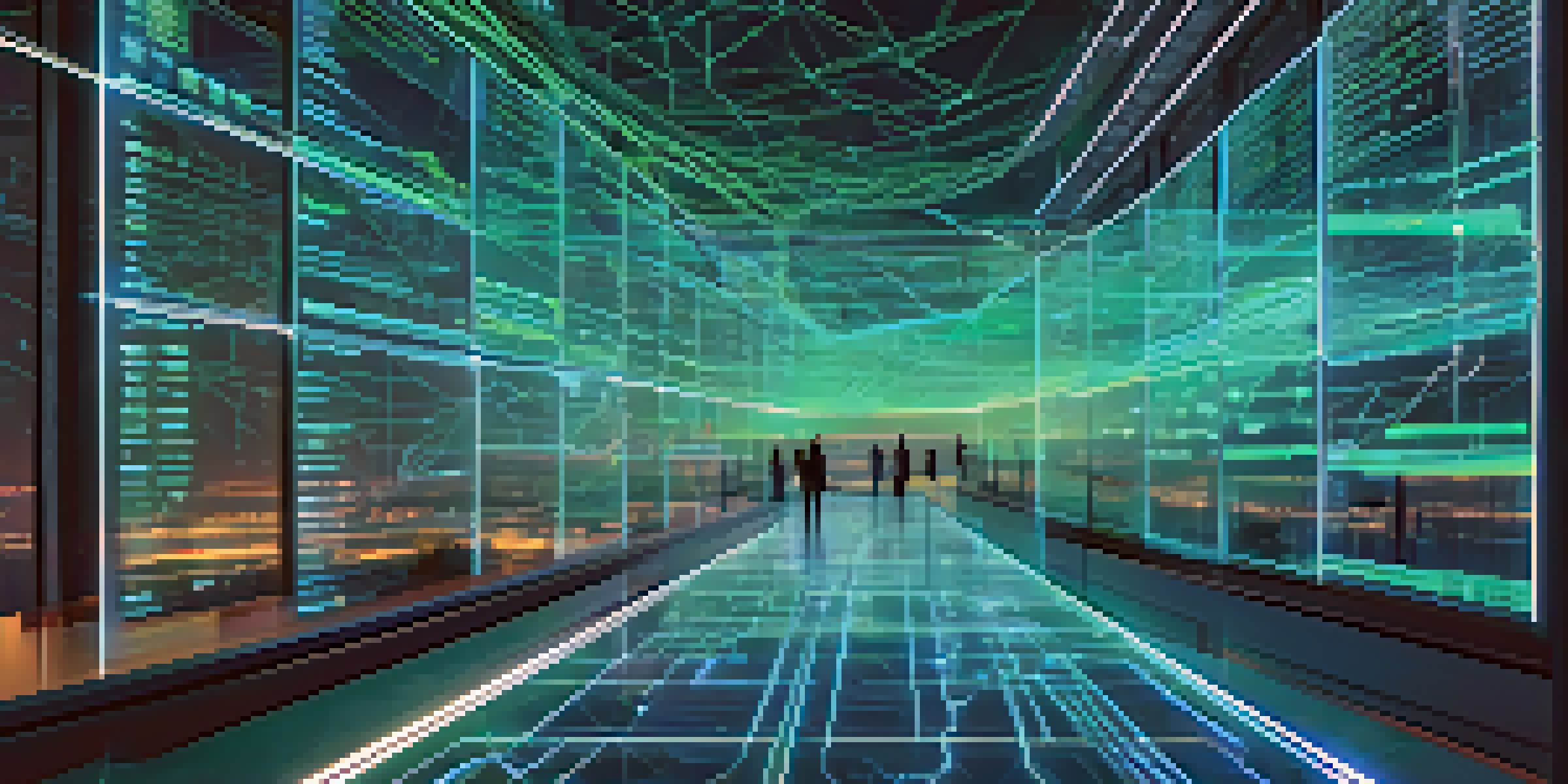A high-angle view of a futuristic digital landscape with glowing lines of code and abstract blockchain shapes, illuminated in blue and green lights.