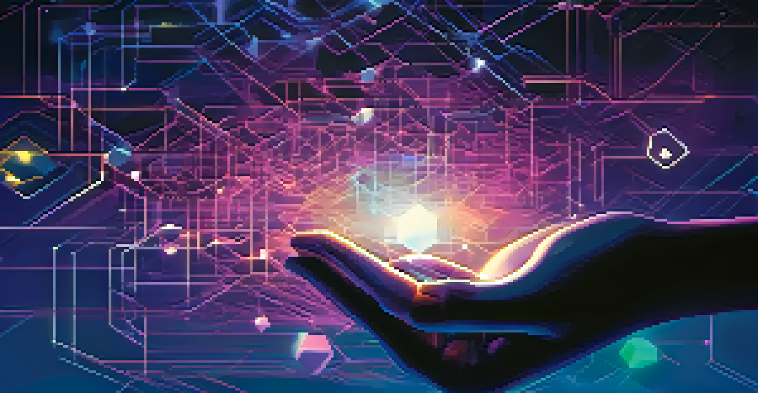 Abstract representation of blockchain technology with interconnected glowing blocks and a hand reaching for a floating digital key.