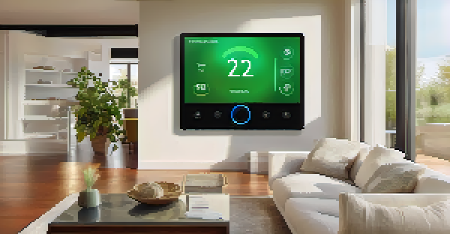 A close-up of a smart thermostat interface in a cozy living room, displaying temperature data and energy-saving options.