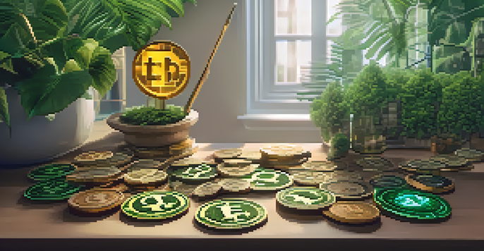 A wooden table showcasing different governance tokens with cryptocurrency symbols and greenery, illuminated by soft light.