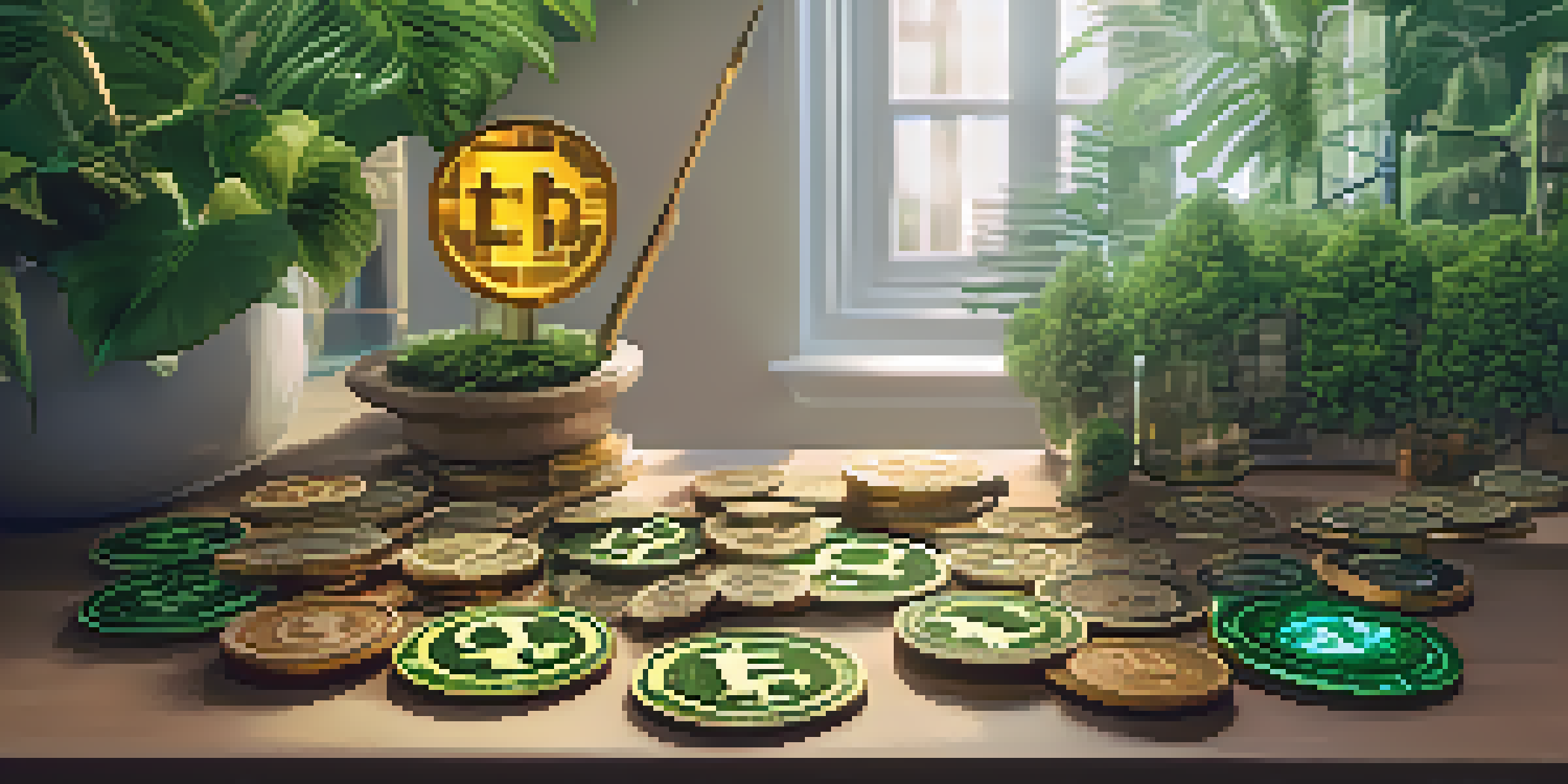 A wooden table showcasing different governance tokens with cryptocurrency symbols and greenery, illuminated by soft light.