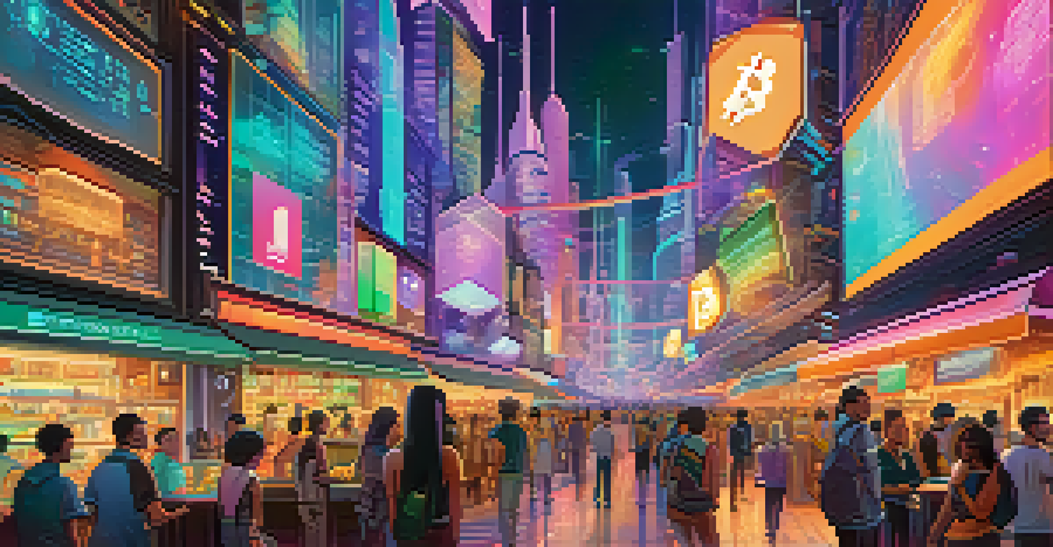A futuristic marketplace scene where users exchange digital assets with holographic interfaces, showcasing blockchain interoperability.