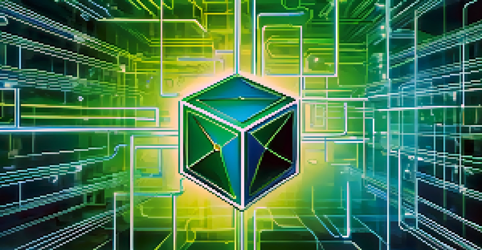 An abstract illustration of blockchain technology with glowing interconnected blocks on a blue-green gradient background.