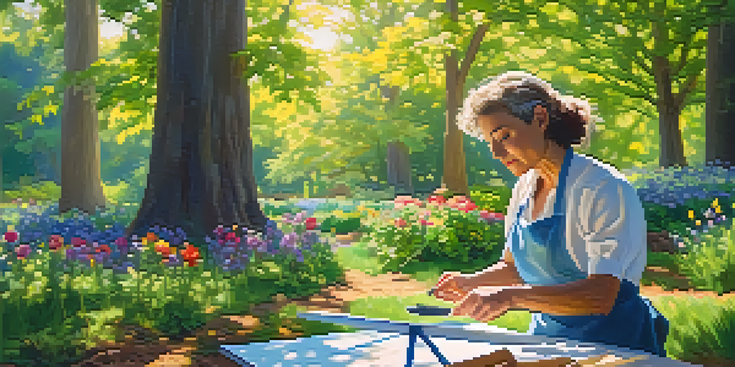 An artist painting in a park surrounded by flowers and trees, with sunlight filtering through the leaves.