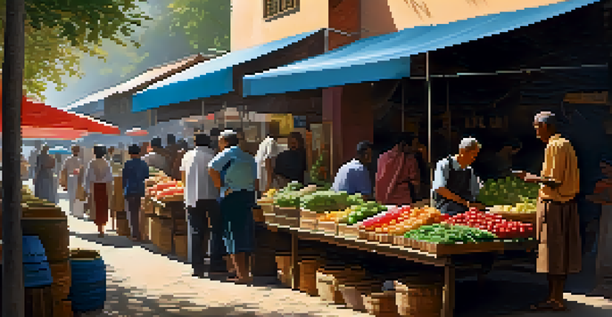 A vibrant market scene with people shopping and interacting, emphasizing privacy and comfort.