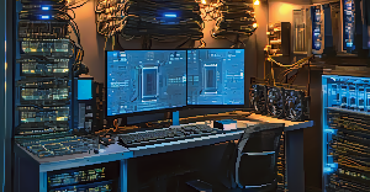 A computer mining setup with graphics cards and screens showing mathematical puzzles, illuminated by blue LED lights.