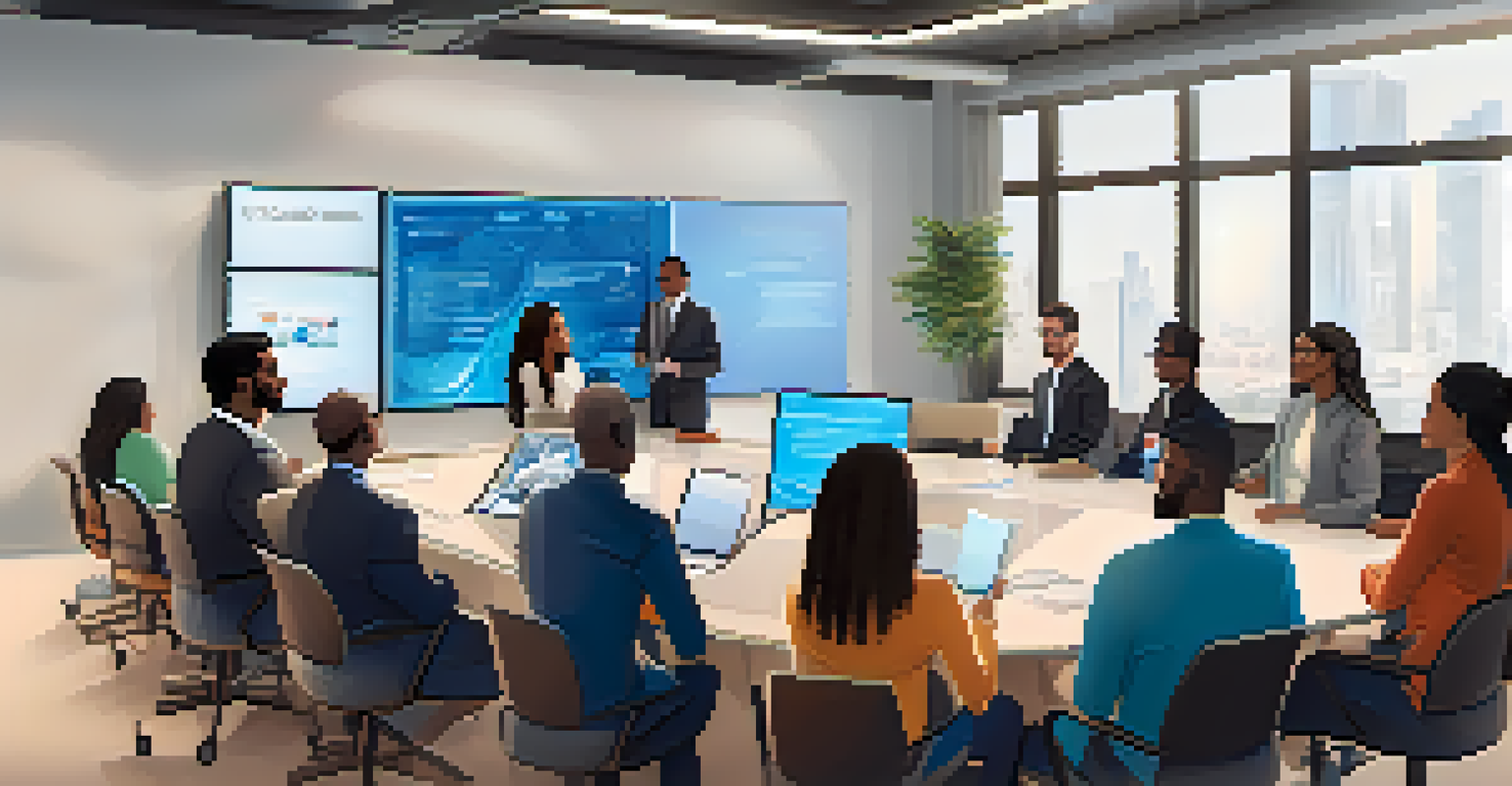 Diverse group of professionals in a conference room discussing Ethereum certifications with a screen displaying blockchain graphics.