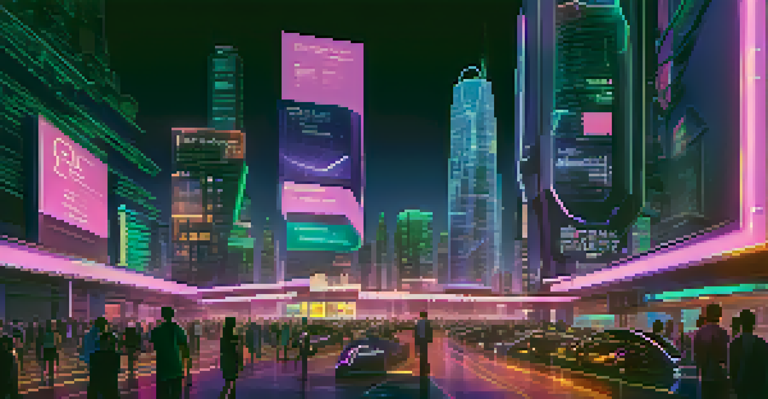 A neon-lit city skyline at night, featuring digital billboards about smart contracts and identity verification.
