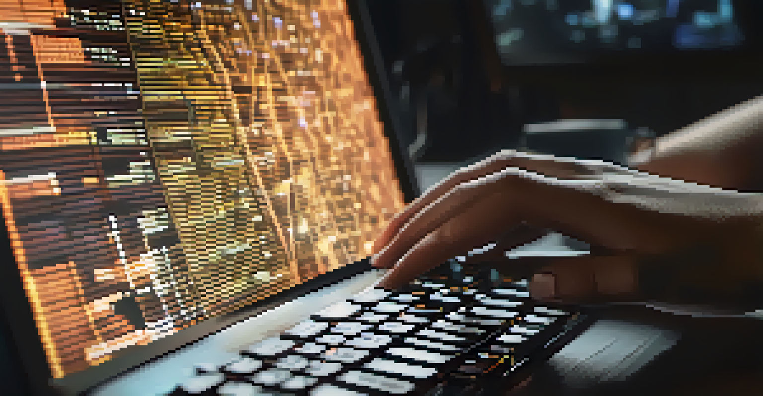 A close-up of a computer screen showing smart contract code, with hands typing on a keyboard in a softly lit environment.