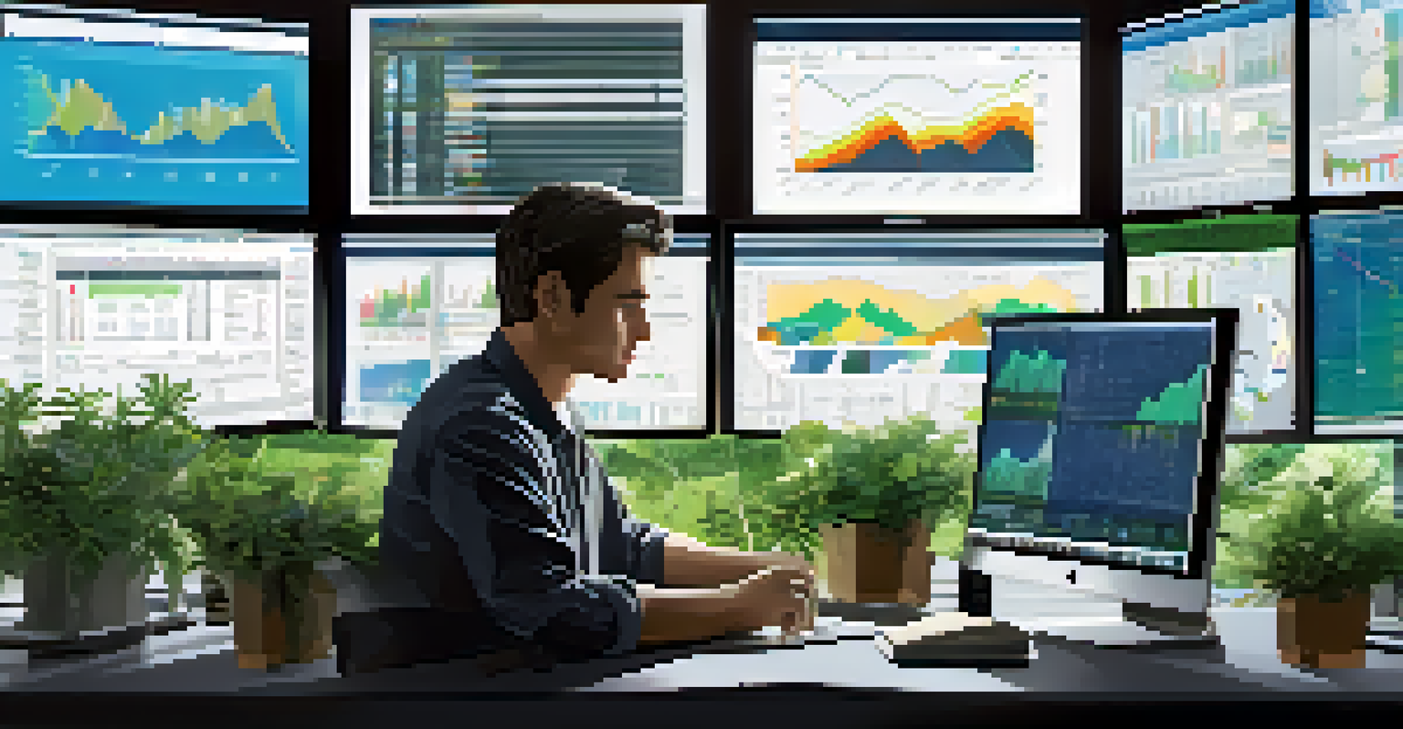A person analyzing market trends on multiple computer screens in a softly lit room, with plants in the background.