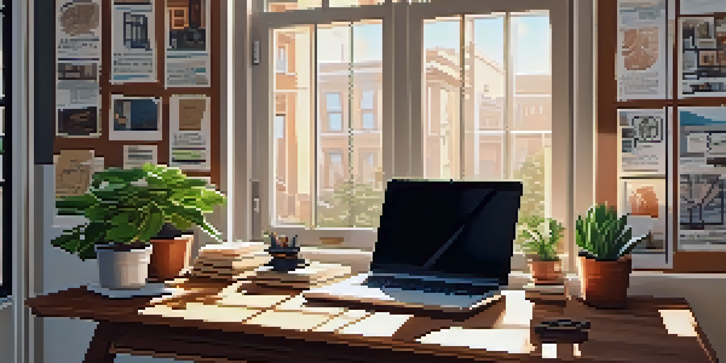 A modern workspace with a wooden desk, laptop, books, and a potted plant, illuminated by sunlight from a large window.