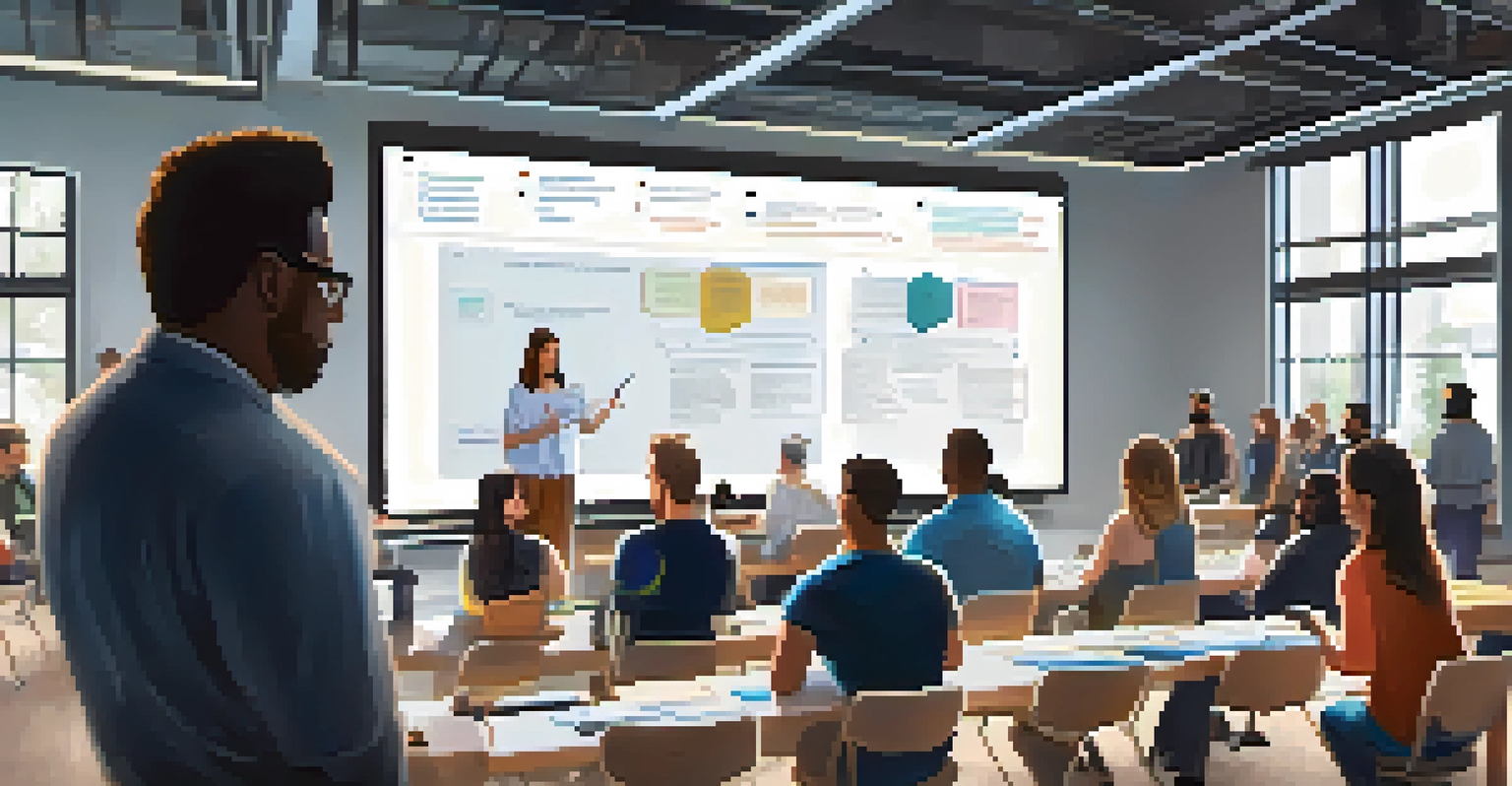 A diverse group of individuals in a workshop discussing smart contracts, with a screen displaying educational content, emphasizing collaboration and learning.