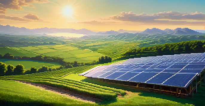 A solar-powered Ethereum mining farm in a green landscape with solar panels and blue sky.